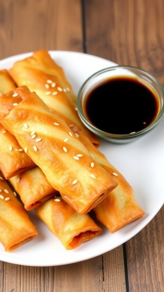 Crispy Air Fryer Pork Egg Rolls Recipe Crispy air fryer pork egg rolls served with soy sauce on a wooden table.